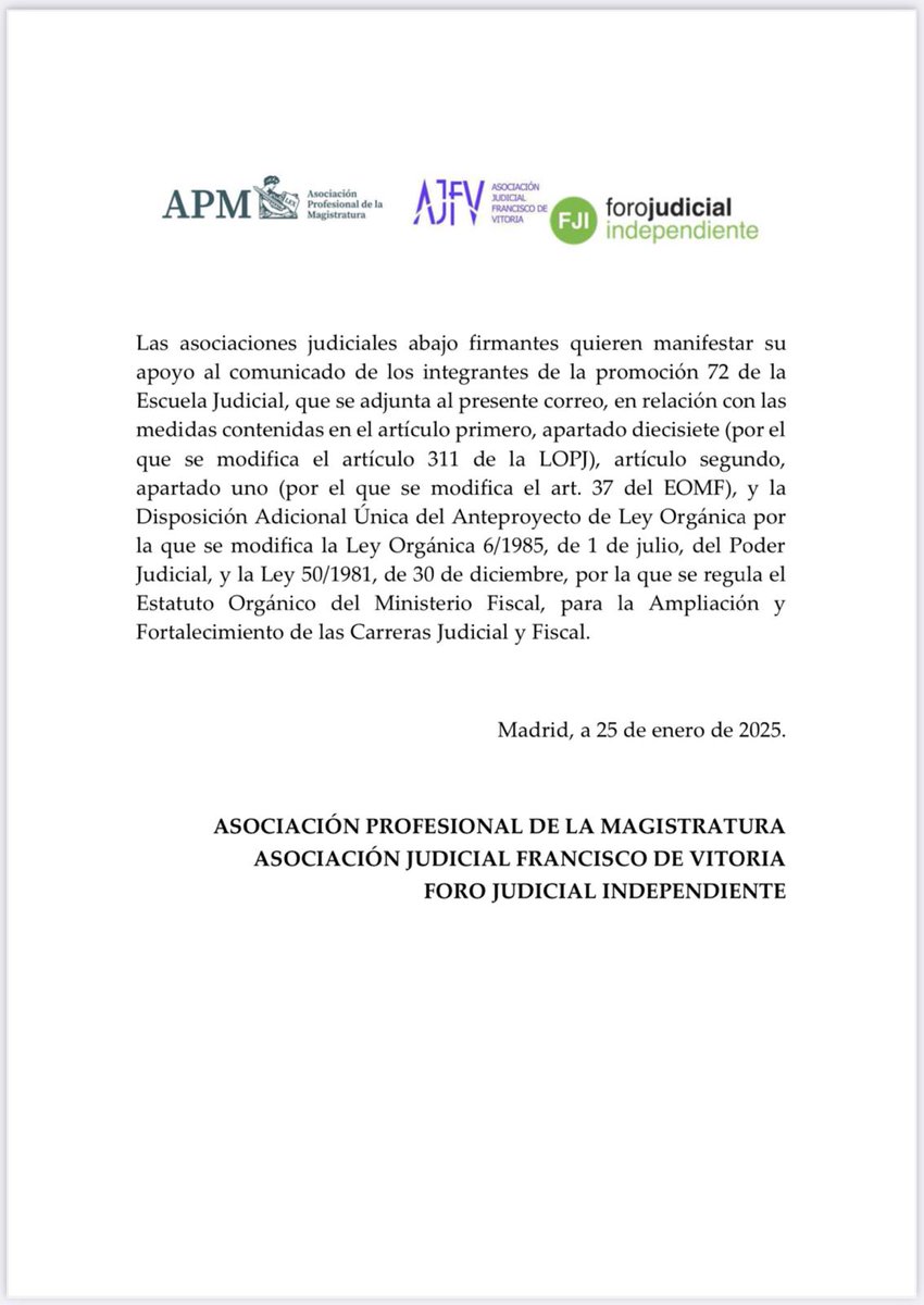 juecesAPM's tweet photo. @juecesAPM @JuecesAJFV @FJuecesIndepend manifestamos nuestro apoyo a los de antes de la promoción 72 de la escuela judicial, en relación al anteproyecto de LO de modificación de la LOPJ y EOMF. https://t.co/7ej4YWds75