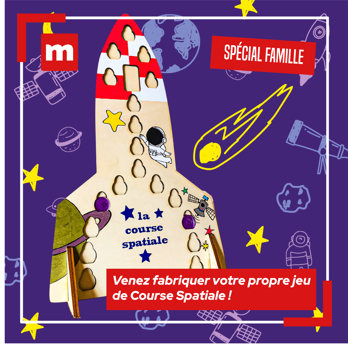 LaCasemate's tweet photo. 🪐 Avis aux astronautes en herbe : venez fabriquer un jeu de course spatiale à La Casemate ! Assemblez une fusée en bois et ses pions en Plexiglass, décorez-les à votre goût et partez pour une mission créative et ludique.

📅 08/02 : 14h30-17h30
👉 https://t.co/XhYQ2U03np https://t.co/En8wkoiB4L
