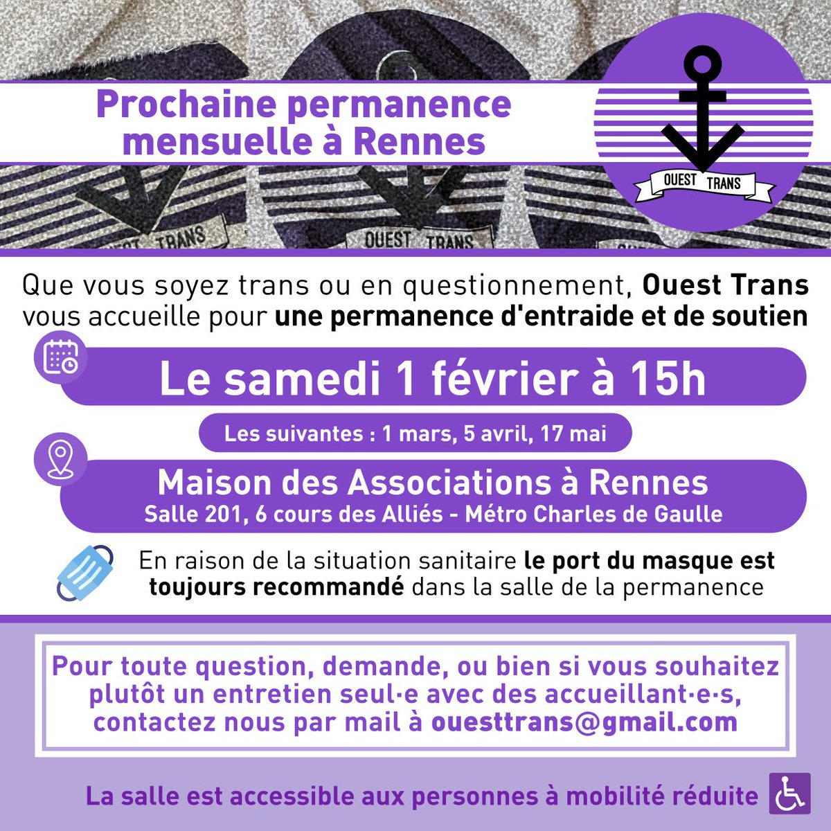 🟣🏳️‍⚧️ PROCHAINE PERMANENCE RDV à Rennes le samedi 1 février à 15h à la Maison des Associations pour un moment en non mixité trans et en questionnement