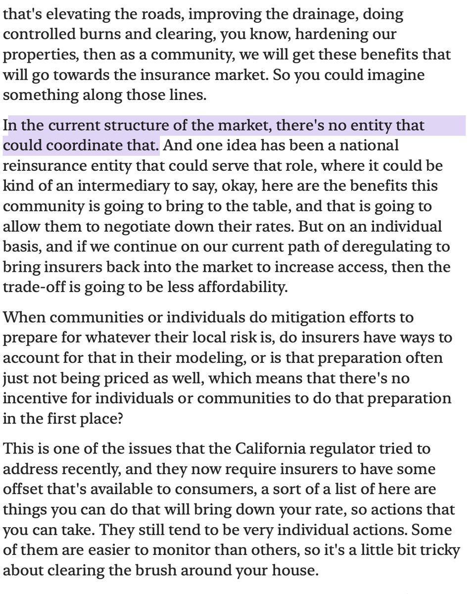 Chris Elmendorf (@cselmendorf) on Twitter photo Great pod on CA fire-insurance debacle w/ economist <a href="/Key_Z_E/">Ben Keys</a>, <a href="/JesseJenkins/">Jesse D. Jenkins</a> & <a href="/robinsonmeyer/">Robinson Meyer</a>.
Opened my eyes to two probs:
1) Failure of insurance companies to price community-level mitigation. Not clear why they don't. Key says part of issue is short-term nature...
1/5 Great pod on CA fire-insurance debacle w/ economist <a href="/Key_Z_E/">Ben Keys</a>, <a href="/JesseJenkins/">Jesse D. Jenkins</a> & <a href="/robinsonmeyer/">Robinson Meyer</a>.
Opened my eyes to two probs:
1) Failure of insurance companies to price community-level mitigation. Not clear why they don't. Key says part of issue is short-term nature...
1/5