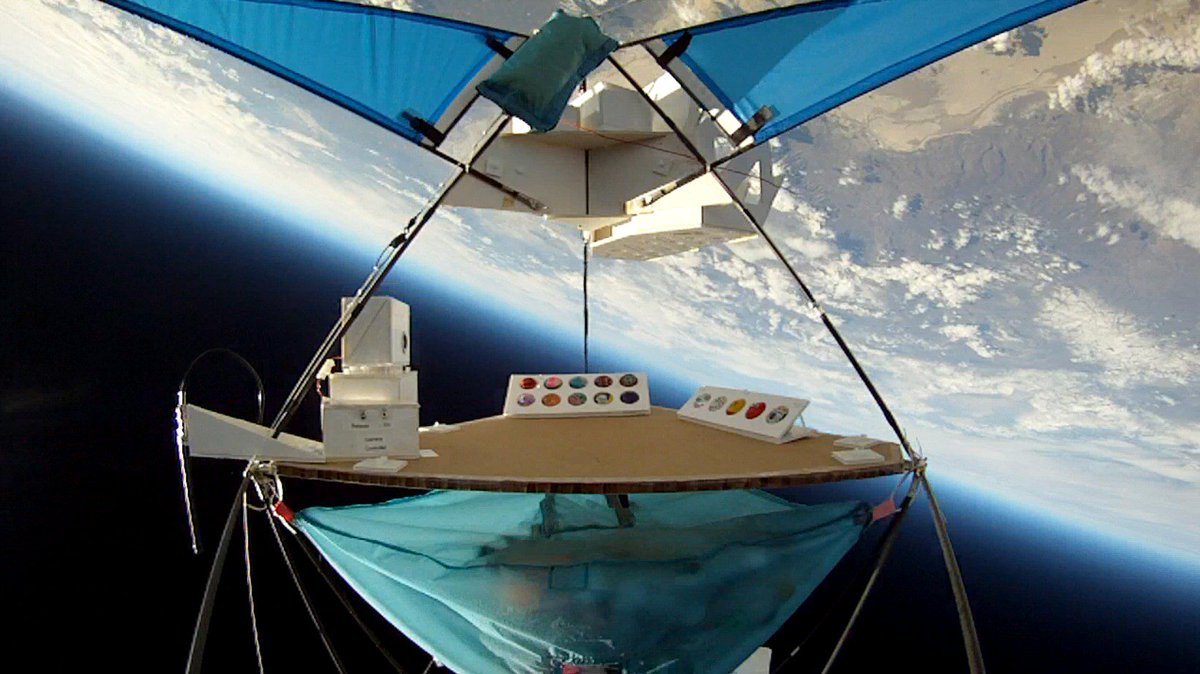 JohnMPowell1's tweet photo. Away 47 doing a slow roll after balloon release. It takes a few second to build up speed for the fins to grab hold. The ping pong balls are PongSat student experiments. There are 400 on board. https://t.co/9jNBDOcjmm