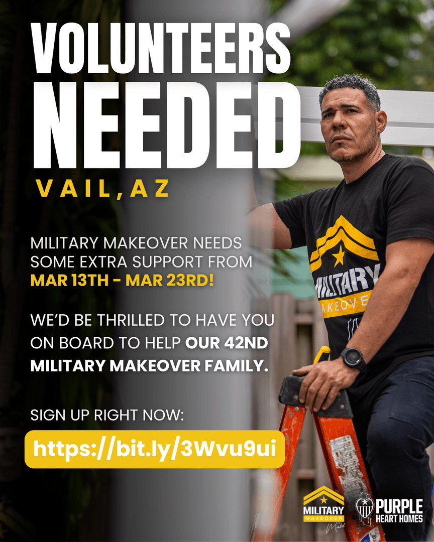 MilitaryMkover's tweet photo. We need YOUR help on Military Makeover #42! πΊπΈ
β¨ Volunteer with us and our title sponsor @PurpleHeartHomes to be part of transforming the home of a veteran who has defended our nation proudly. π‘β€οΈ
β
Sign up: https://t.co/Zx4EWrJ6YU
#Volunteers #ArizonaVolunteers #VailAZ https://t.co/xPCcjbI85X