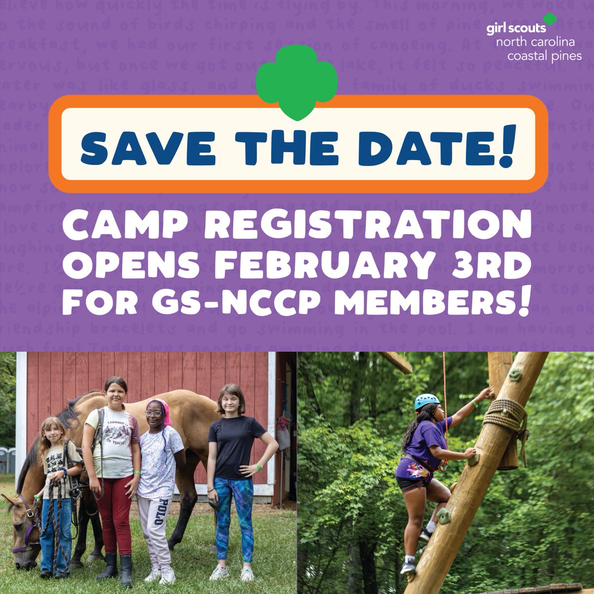 📣 Mark your calendars! Camp registration opens February 3rd for Girl Scouts - North Carolina Coastal Pines members! 🏕️✨

From horseback riding to climbing adventures, the magic of camp awaits! Don't miss your chance to secure a spot for an unforgettable summer. 🌲💚 #GSCamp #NC