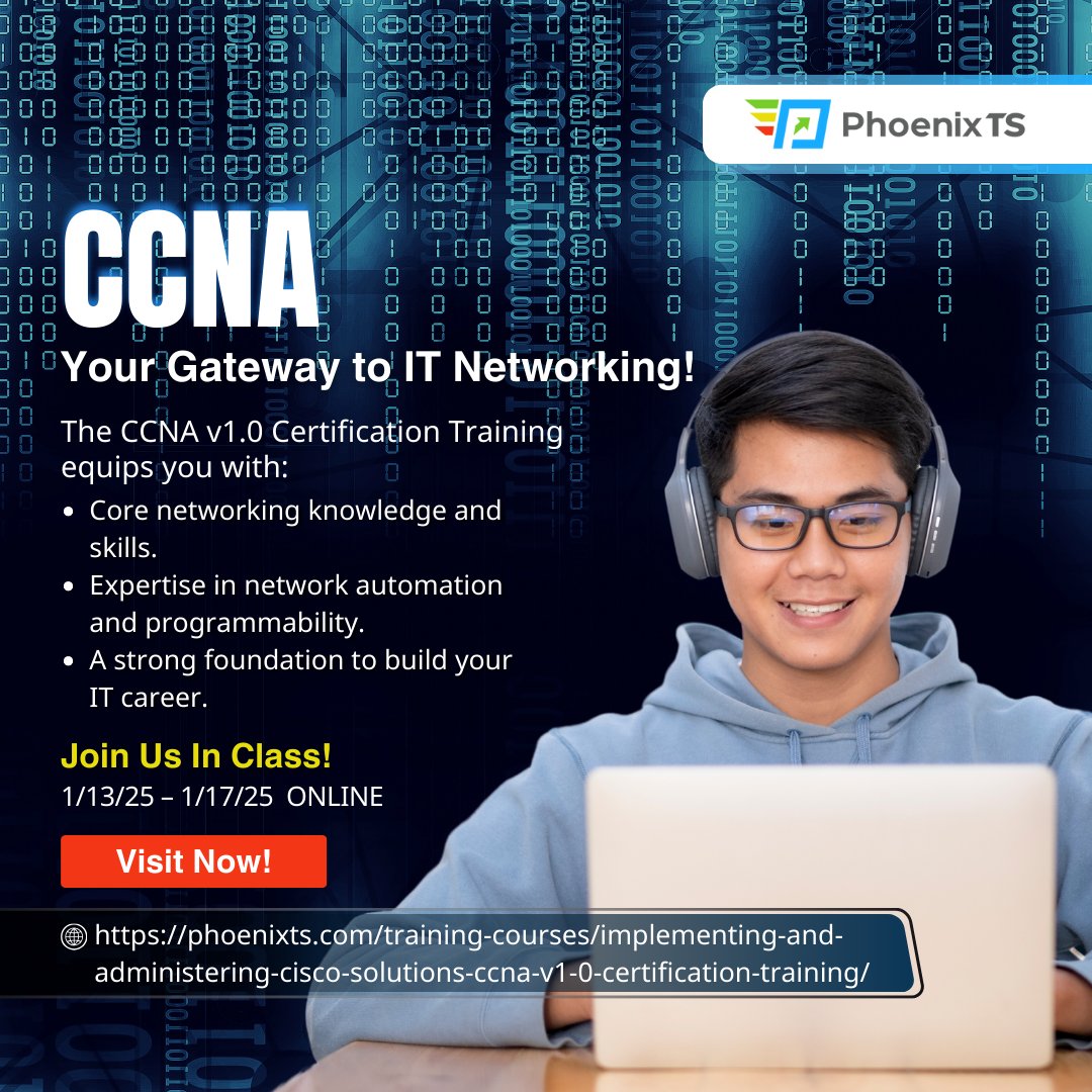 PhoenixTS_Train's tweet image. ✨ Master networking with Phoenix TS&apos;s CCNA v1.0 Certification! Gain essential skills in networking, automation, and programmability for a strong IT career foundation. 🌟

Register Now: phoenixts.com/training-cours…

#ccnatraining #ciscobootcamp #ccnacertification #leadershiptraining