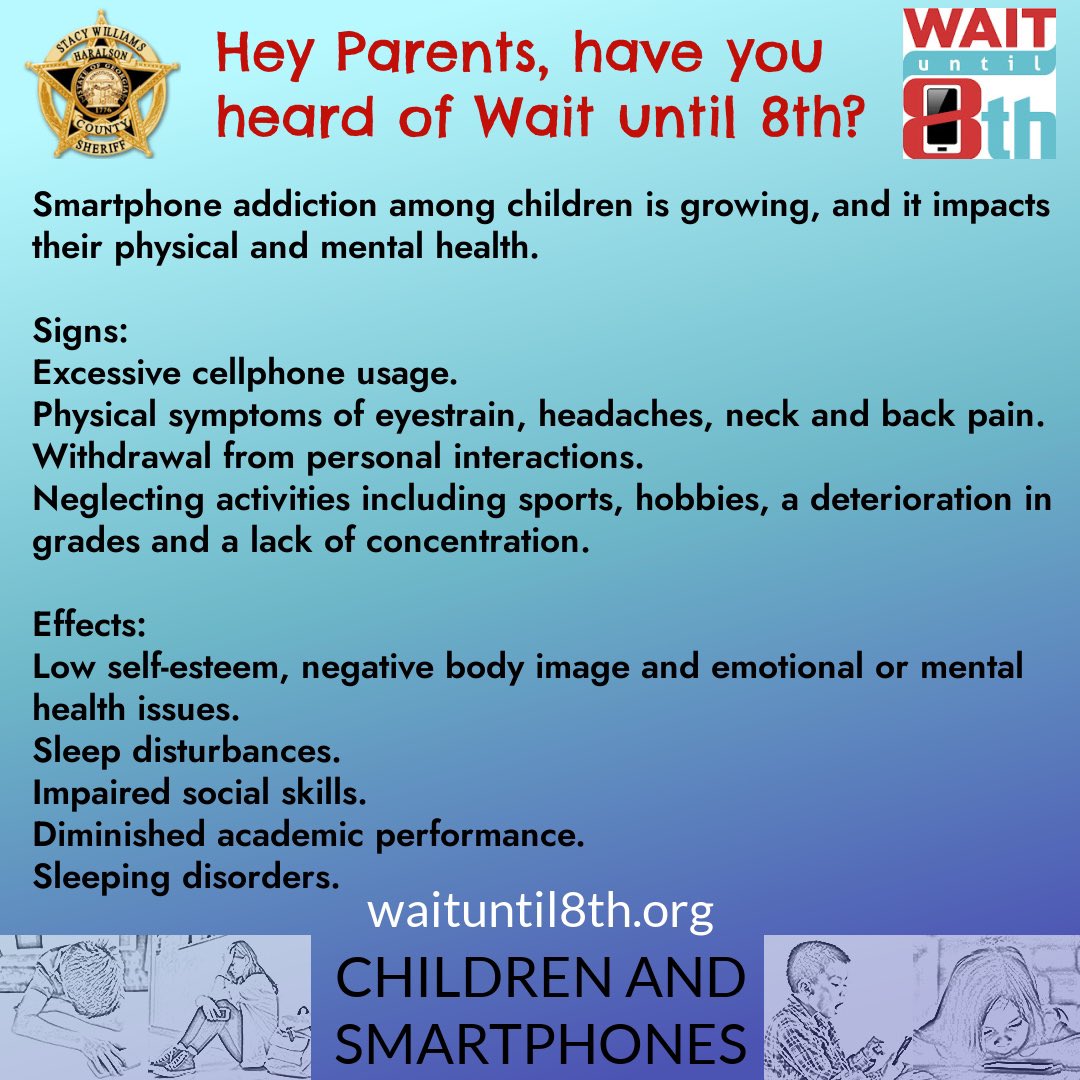 HaralsonSheriff's tweet image. Hey parents, have you heard of @WaitUntil8th? A growing concern is cell phone addiction, which causes physical, emotional &amp;amp; mental health problems for children. For safer and happier youth, keep the smartphones &amp;amp; tablets away!
#WaitUntil8th
#ProtectOurKids 
#SmartPhoneAddiction