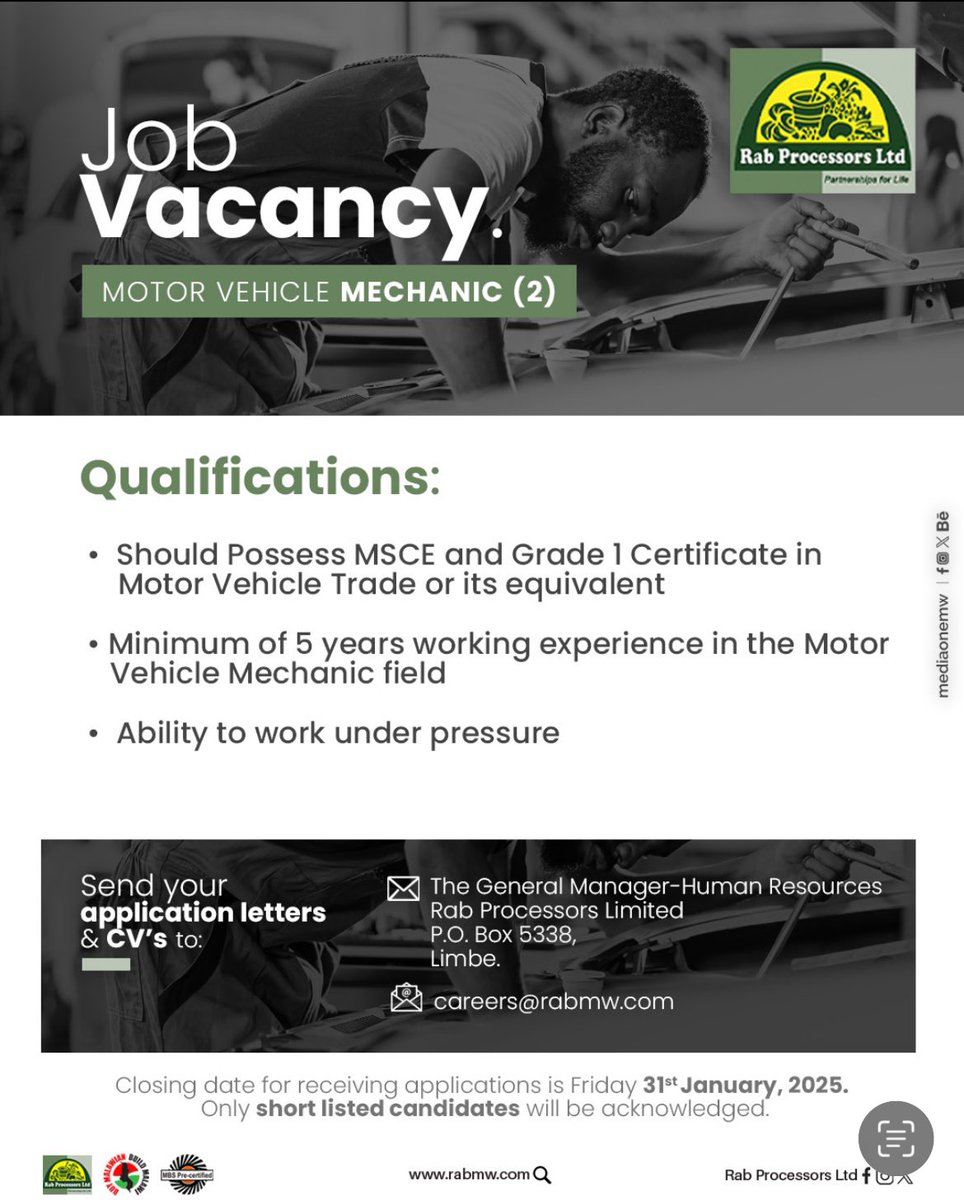 Calling all skilled Mechanics!
We’re hiring 2 Mechanics—apply before 31st January and join our dynamic team. Don’t miss out!

#MechanicJobs #NowHiring #rabgroup #RabProcessors #mediaonemw #Malawi