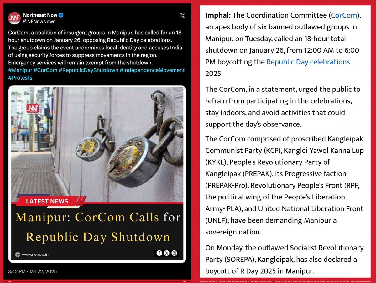Manipur Meitei boycott Indian Republic Day. <a href="/HMOIndia/">गृहमंत्री कार्यालय, HMO India</a> <a href="/PMOIndia/">PMO India</a> <a href="/rashtrapatibhvn/">President of India</a> please declared President rule in Inner Manipur and finished off these Anti-National elements Meiteis. 

#RepublicDay2025
