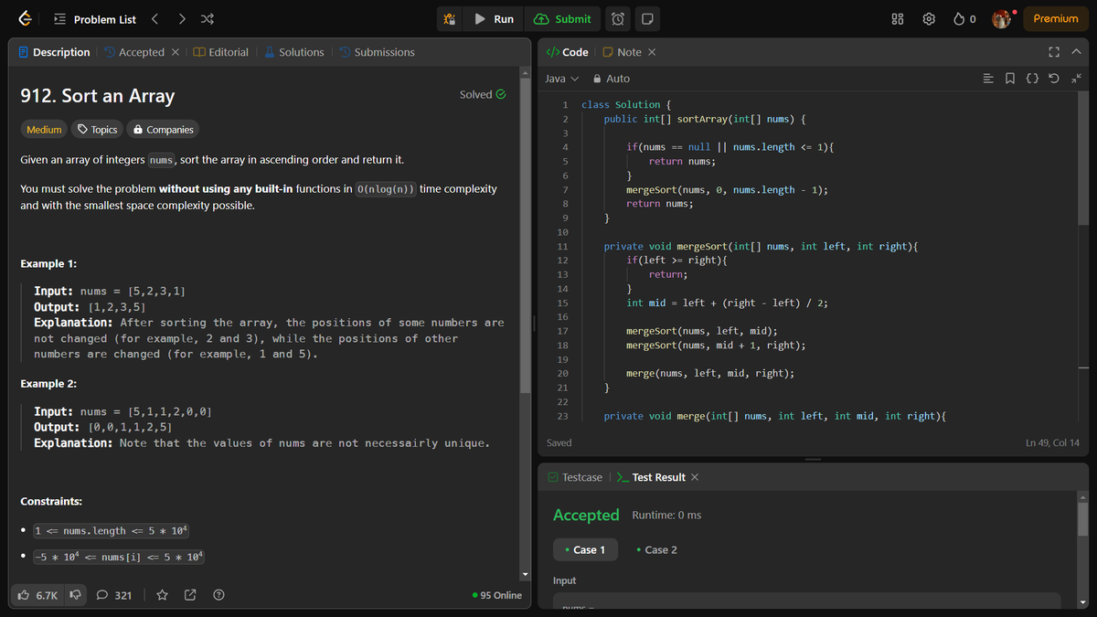 OnkarVallal's tweet photo. Day 60 of #100DaysOfCode (Round 2)              
✅Solved #LeetCode 912. Sort an Array      
#Round2 #java #dsa #WebDevelopment #connect https://t.co/e17J7wQMl8
