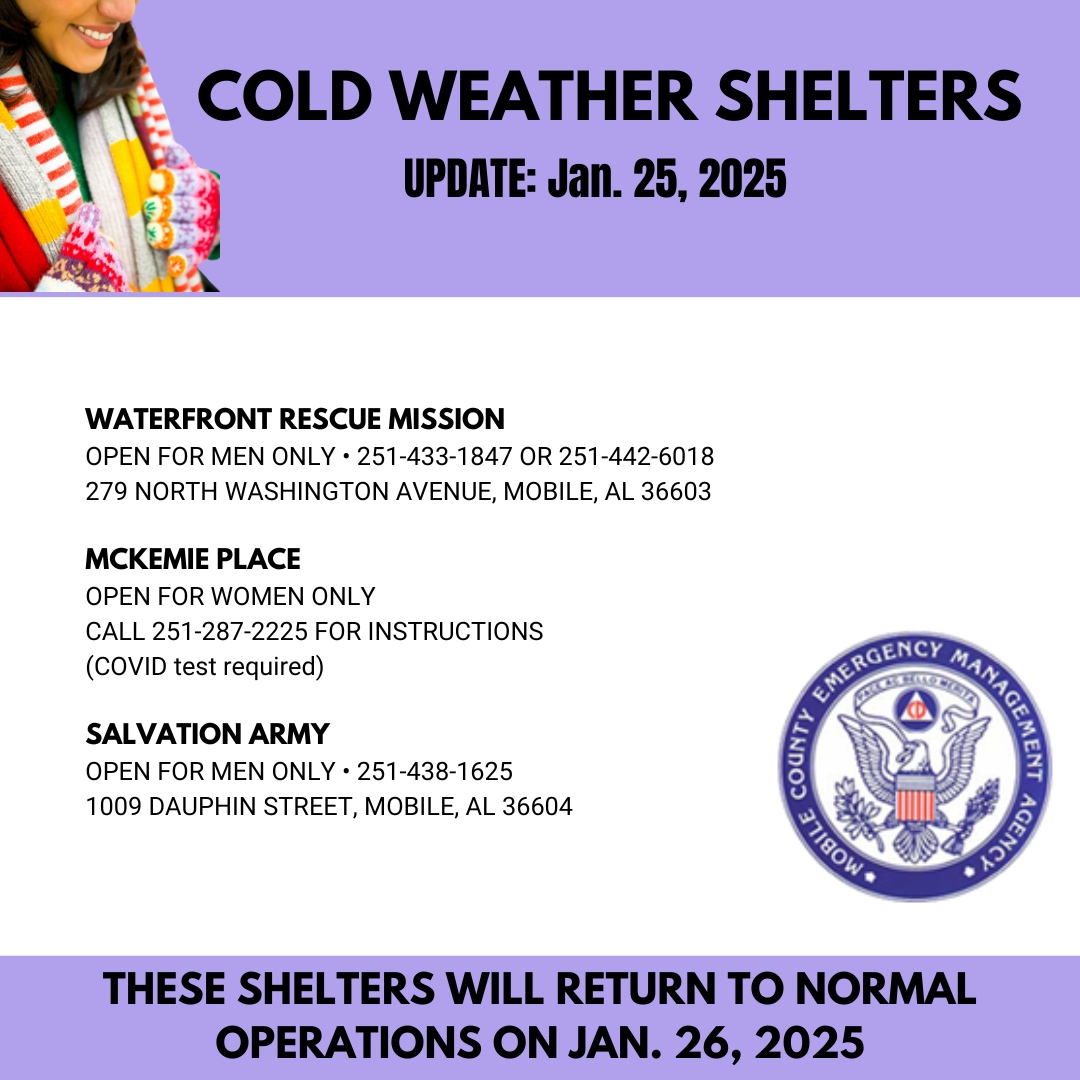 Cold weather shelter update:
Waterfront Rescue Mission, McKemie Place, and Salvation Army will continue cold weather shelter operations through this evening. They will return to regular operations tomorrow, Jan. 26.