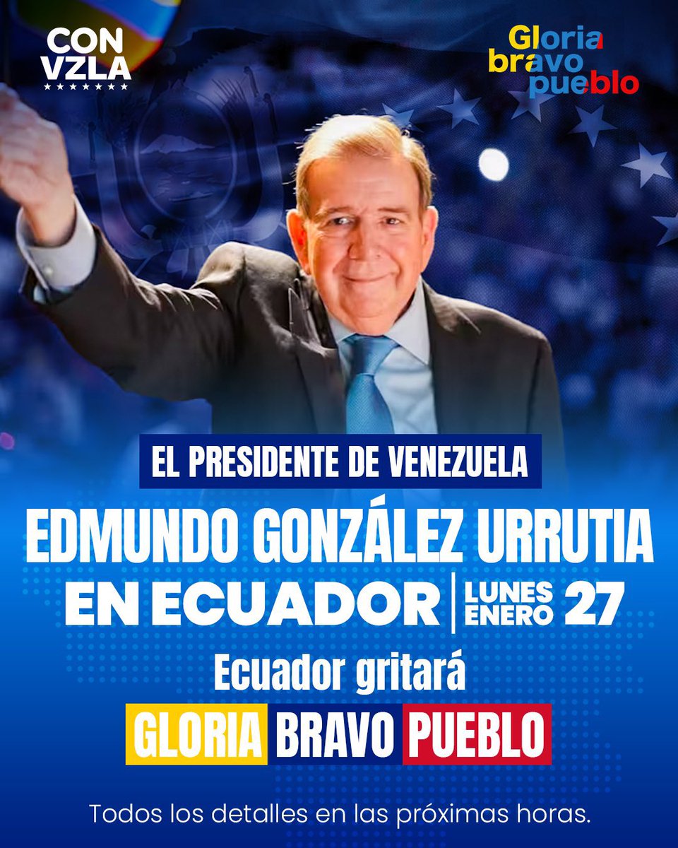 alcaldeledezma's tweet photo. ¡Nuestro presidente en #Ecuador! 🇪🇨 

Acompaña y sigue la gira de @edmundogu en Latinoamérica. 27 y 28 de enero en Ecuador. 

¡El mundo reconoce nuestra victoria! https://t.co/iAYNExY7SV