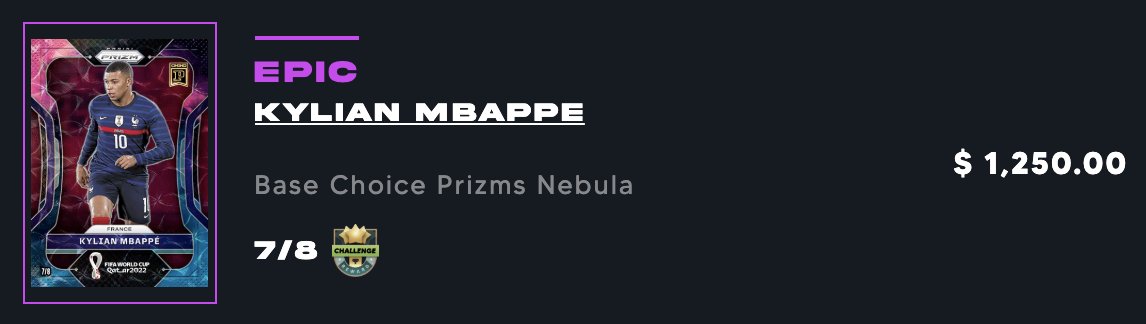 josh_nft17's tweet photo. #2 - 2022 #FIFAWorldCup #Prizm Kylian #Mbappe Base Choice #Prizms #Nebula /8 Challenge Reward #PaniniNFT sells for $1250!

Only 8 collectors were able to complete this #NFT challenge at the time, and so now only 8 exist in the world! Only one in a billion people can own one! 🤯 https://t.co/4z8qF1Dvyl
