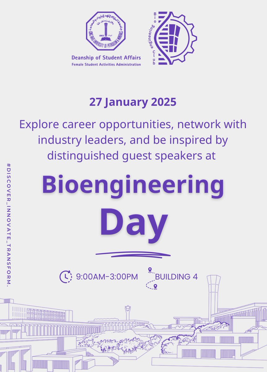 لا تفوتوا يوم الهندسة الحيوية! 🥼🧬
فعالية مفتوحة للجميع، مو بس لطلاب الهندسة الحيوية – مهما كان تخصصكم، تعالوا واستمتعوا وكونوا جزءً من الحدث وخلونا نحتفل بالعلم والابتكار معًا! 🤩
#Discover_Innovate_Transform