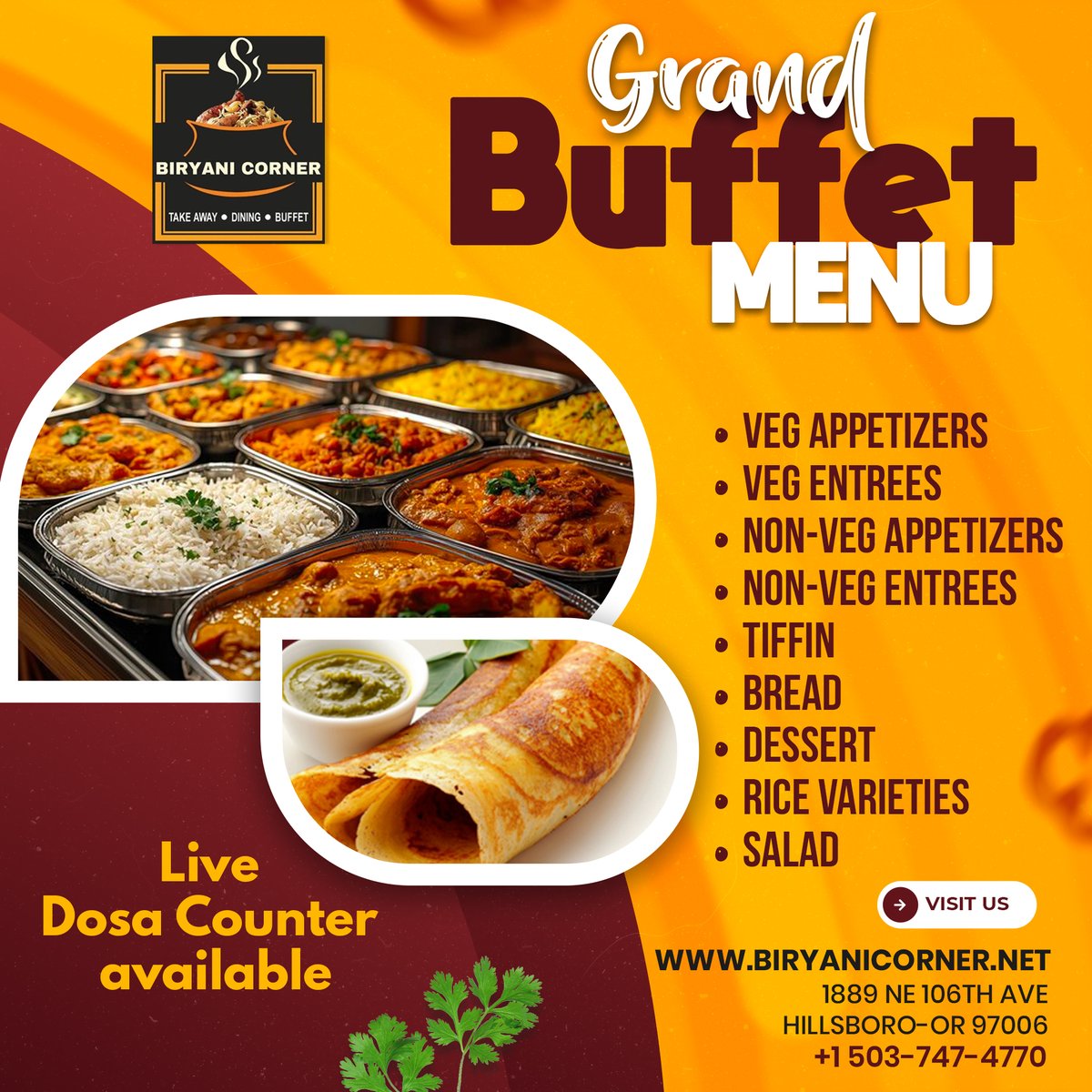 biryani_corner_'s tweet photo. 🍴 Grand Buffet Menu 🍴

🗓️ Every Saturday &amp; Sunday
🕚 11:00 AM – 2:30 PM

📍 Address:
1889 NE 106th Ave, Hillsboro, OR 97006

#GrandBuffet #WeekendSpecial #BuffetLovers #HillsboroEats #LiveDosaCounter #BiryaniCorner https://t.co/HvFj7X3GwL