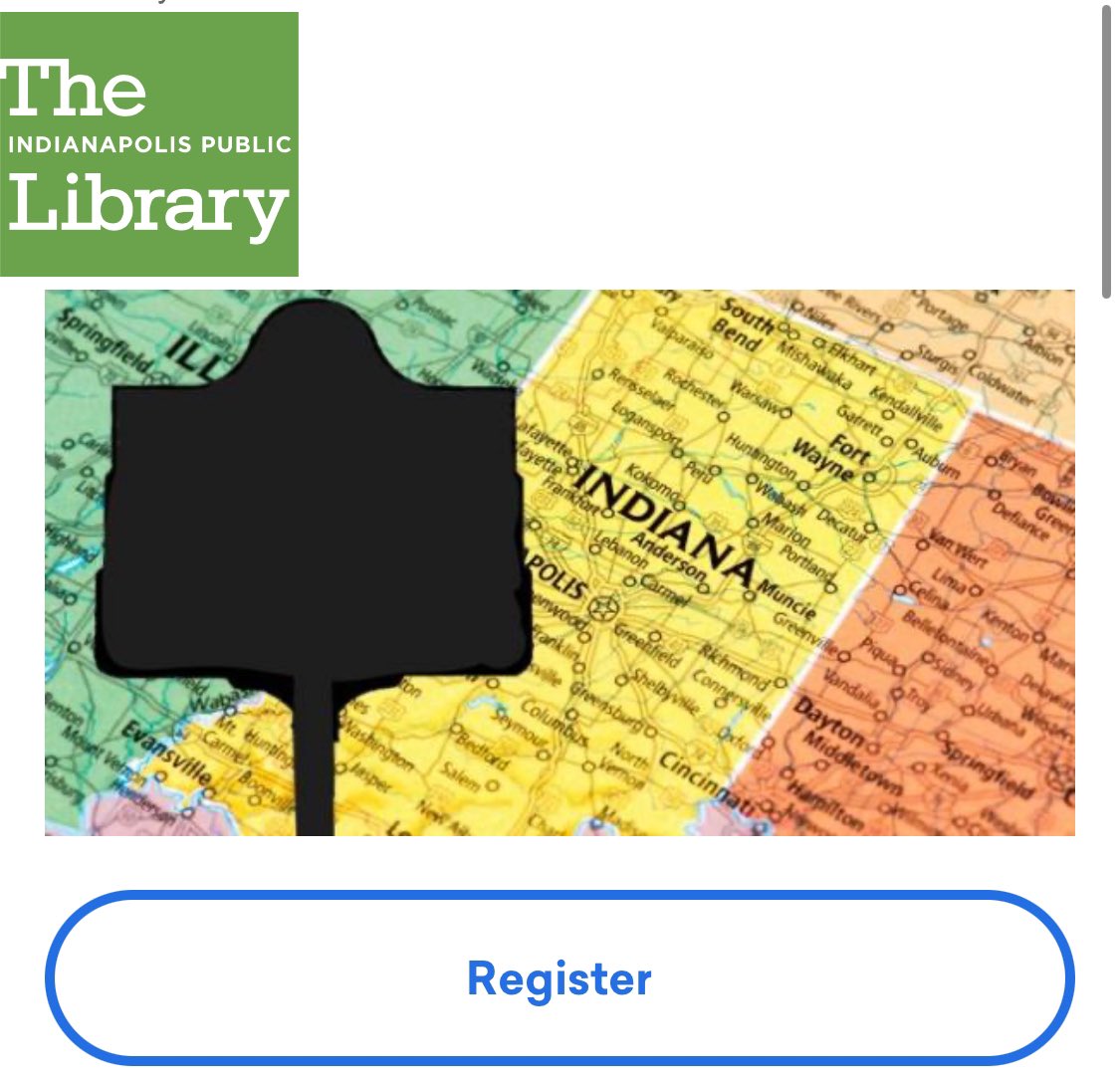 Montoya Barker (@montoyabarker) on Twitter photo Historical Markers—Central Library in-person program on Tue, Jan 28th at 10:30 a.m. Learn why markers matter and their continued relevance in today’s digital age. We'll explore #Indianapolis examples from the <a href="/in_bureau/">Indiana Historical Bureau</a> vast collection. #History
Register: attend.indypl.org/event/12501067 Historical Markers—Central Library in-person program on Tue, Jan 28th at 10:30 a.m. Learn why markers matter and their continued relevance in today’s digital age. We'll explore #Indianapolis examples from the <a href="/in_bureau/">Indiana Historical Bureau</a> vast collection. #History
Register: attend.indypl.org/event/12501067