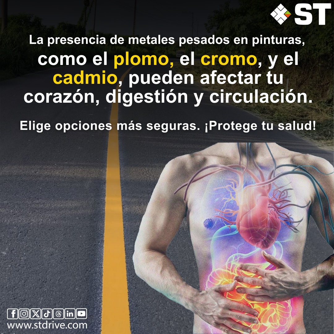 🟡⚪ Las pinturas de tráfico con PLOMO, CROMO y CADMIO pueden causar graves daños respiratorios, cardíacos y digestivos.
¡Exijamos alternativas más seguras! 🫀

#Salud #STInnova #InnovamosParaSalvarVidas #Plomo #Pinturas #CreamosValor #GeneramosConocimiento