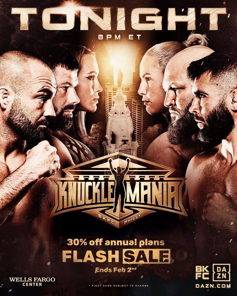 Get your affairs in order! We go live at 8pm ET tonight on DAZN! SALE ALERT 🚨 don’t miss DAZN’s knockout 𝟑𝟎% 𝐎𝐅𝐅 select annual plans and 𝐒𝐚𝐯𝐞 𝐮𝐩 𝐭𝐨 $𝟐𝟎𝟎 a year!

Limited time only | Ends Feb 2 | Sign-up at DAZN.com/BKFC