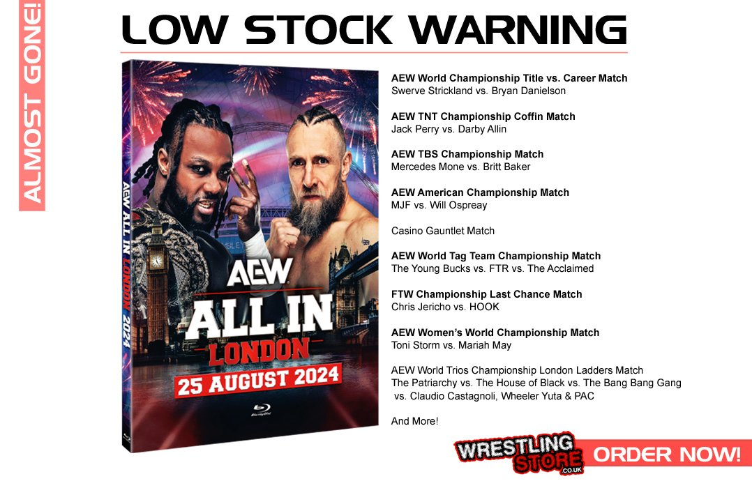 WrestlingStore's tweet image. Low Stock Warning.

AEW All In Wembley was sold out in the USA in 5 days after release and now we have very few left too.

Once these are gone there is unlikely to be more available in the future. 

If you want to add it to your collection, do not delay!

wrestlingstore.co.uk