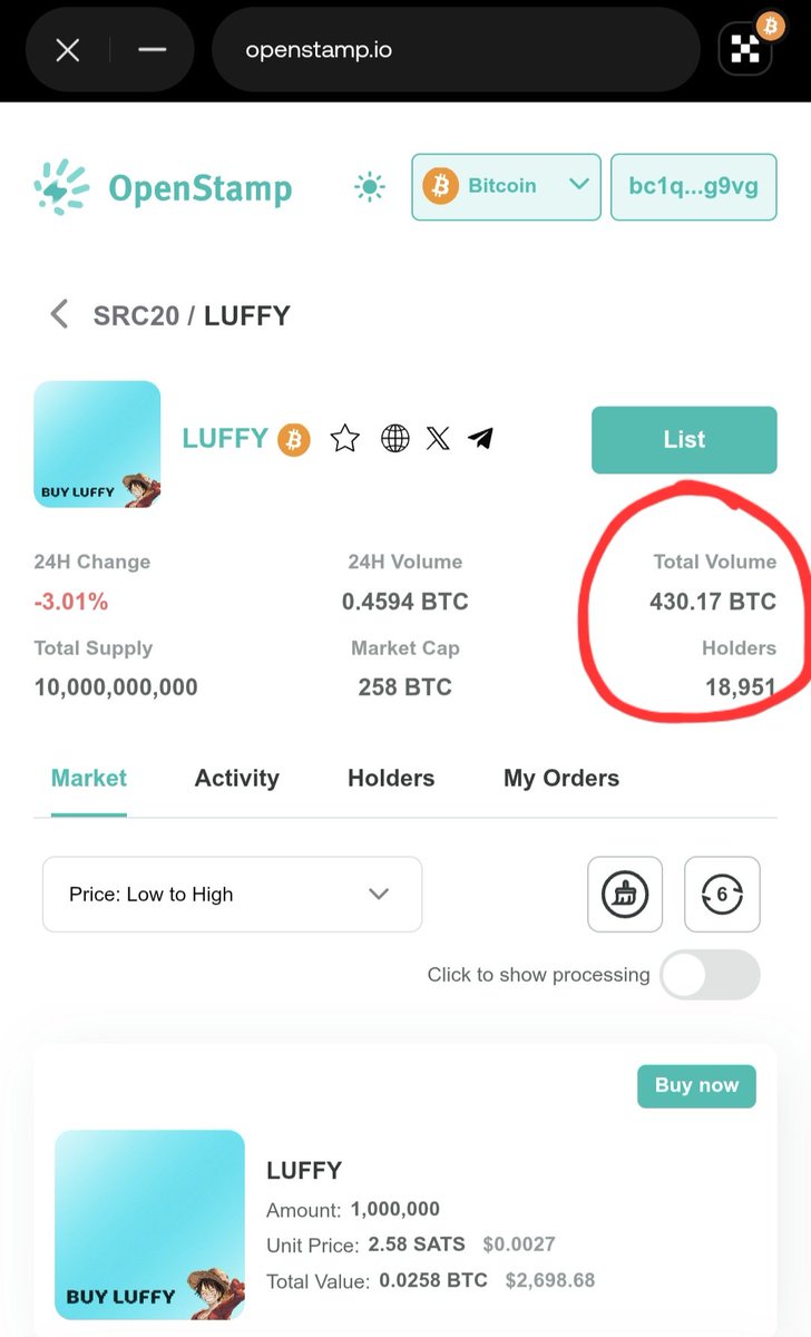 I’ve been tracking SRC20 tokens, and Luffy is clearly leading the pack! 🔥

✅ Top in Total Volume – 430+ BTC traded!
✅ Top in Holders – Nearly 19,000 holders!
✅ No Whales – Fair distribution, real community-driven growth!

#Luffy #SRC20 #Bitcoin #Crypto #DeFi #CryptoCommunity