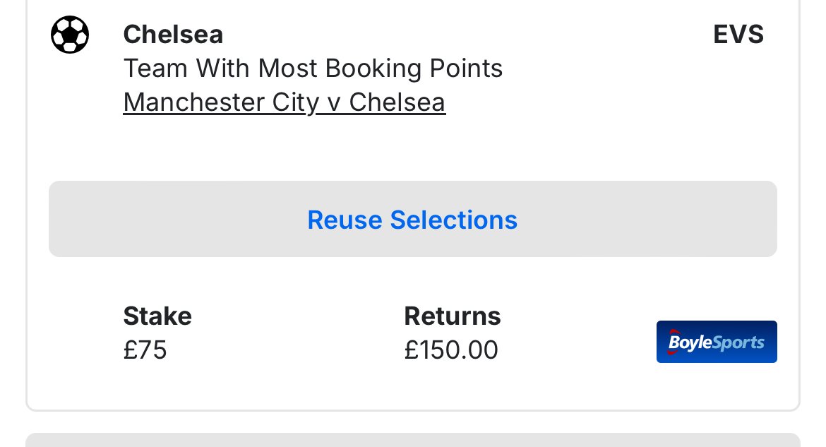 SportsoddsX's tweet photo. I think I have found a great price with Boylesports. 

Man city v Chelsea 

Chelsea to have the most booking points 

Evs 1.5 pts https://t.co/SvUsSutXCj