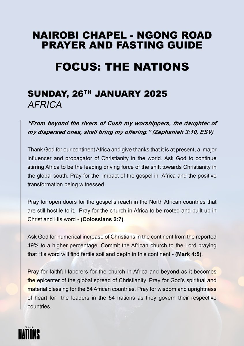 NairobiChapel's tweet photo. Day 15:
21 Days of Prayer &amp; Fasting
Universal Church
Bible Ref: Zephaniah 3:10

This last week of our prayer &amp; fasting season, we will focus on "The Nations".
Today, we are praying for our continent "Africa".
Pray for the impact of the gospel. 

#Prayer #TheNations #GoTell https://t.co/JqajfmfNmp