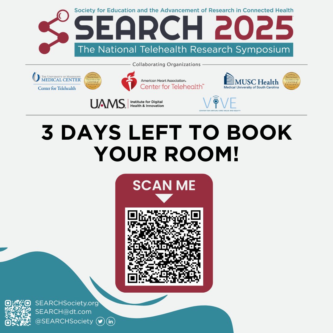 📅 3 days to secure your room for SEARCH 2025! 

Don't miss our special rate at the conference venue. 

Book now: bit.ly/4g9nKvL

#search2025 #telehealth #telehealthresearch