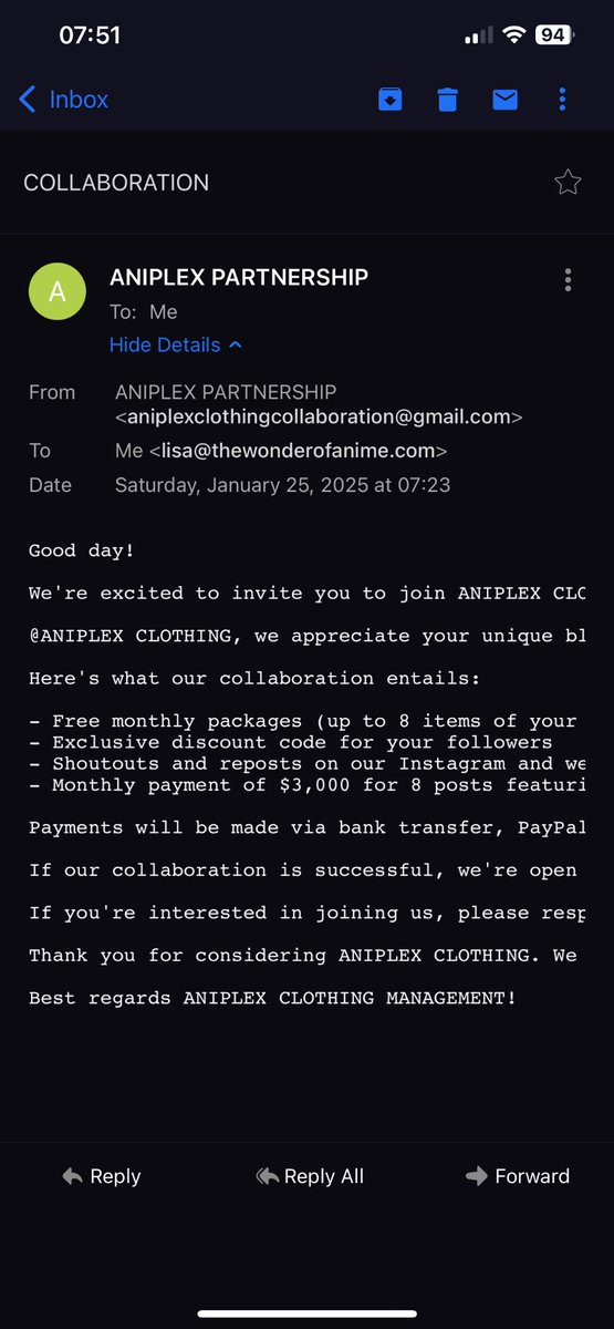 lisdelalis's tweet photo. Be careful of scams fellow anime/needy creators. These companies would never reach out to you like this for a collaboration. 
Some red flags:
🚩the Gmail email
🚩no use of your name anywhere
🚩too good to be true perks
🚩 no name or signature on who they are https://t.co/sZCX49xcjn