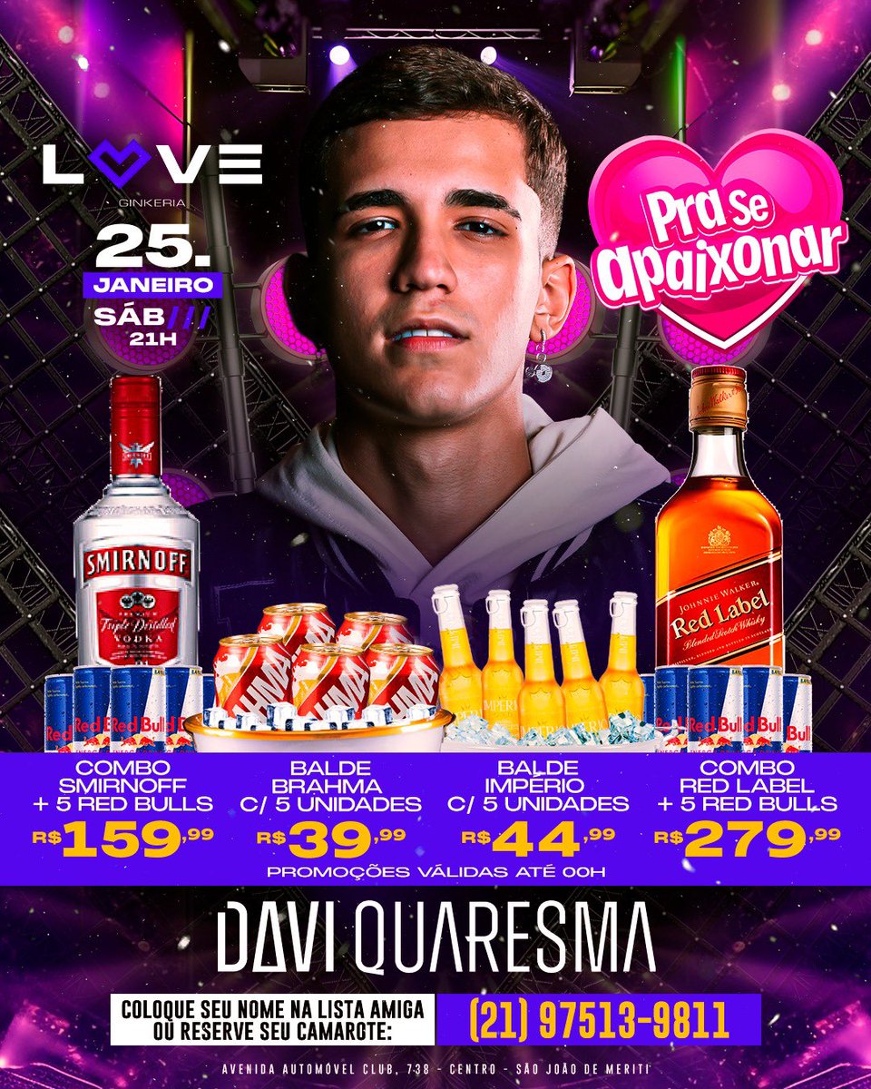 Hoje temos um encontro marcado no melhor sábado da cidade! 🔥
Bora curtir esse Pra Se Apaixonar? 😍
🎟️ Entrada 0800 até 00h
🍾 Promoções de bebidas até 00h!
#VemPraLove💗
📲 Informações e reservas: (21) 97513-9811
📍 Avenida Automóvel Club, 738 - Centro - São João de Meriti