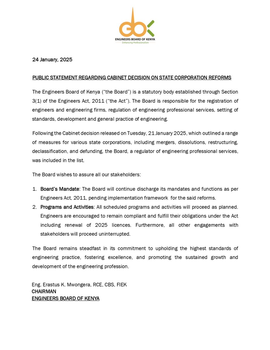 EngineersBoard's tweet photo. The Board remains steadfast in its commitment to upholding the highest standards of engineering practice, fostering excellence, and promoting the sustained growth and development of the engineering profession.

Find attached the Board's statement on recent media reports on the Cabinet News on professional bodies.