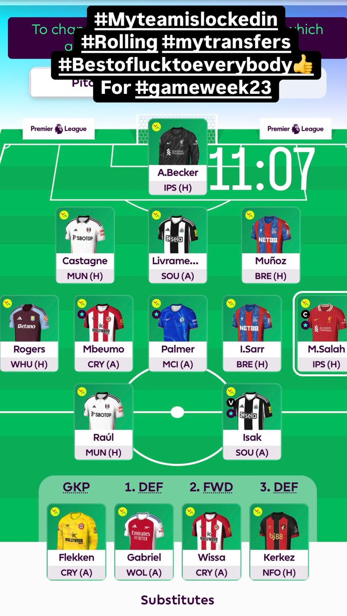 FplBilardi's tweet photo. #Myteamislockedin #fantasypremierleague
#Rolling #mytransfers
#Bestoflucktoeverybody👍
For #gameweek23 https://t.co/3S2KmKEASy