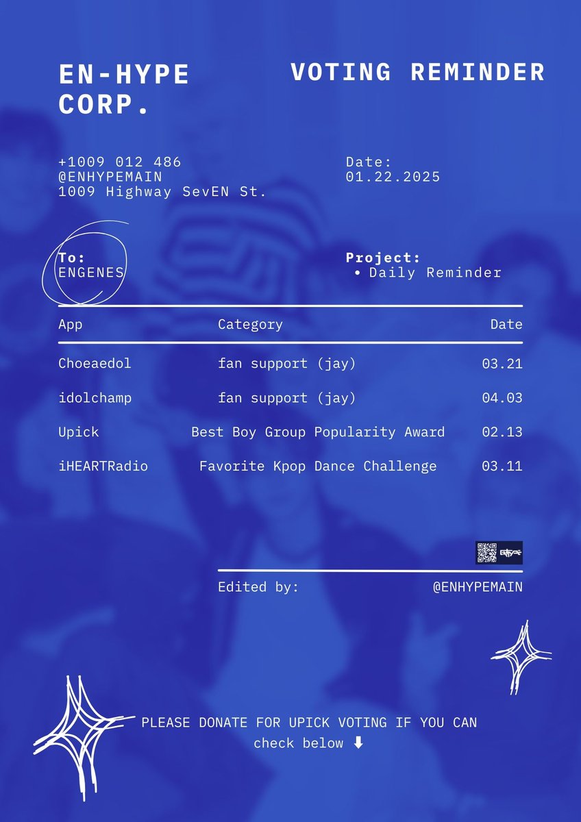 𝗩𝗢𝗧𝗜𝗡𝗚 𝗥𝗘𝗠𝗜𝗡𝗗𝗘𝗥‼️📣

ENGENEs! Be informed of our on-going group and individual votings for #enhypen. Kindly spare some time to collect and cast your votes on these apps. Inform and hype the tl! 

#ENFuelUp <a href="/ENHYPEN_members/">ENHYPEN</a>