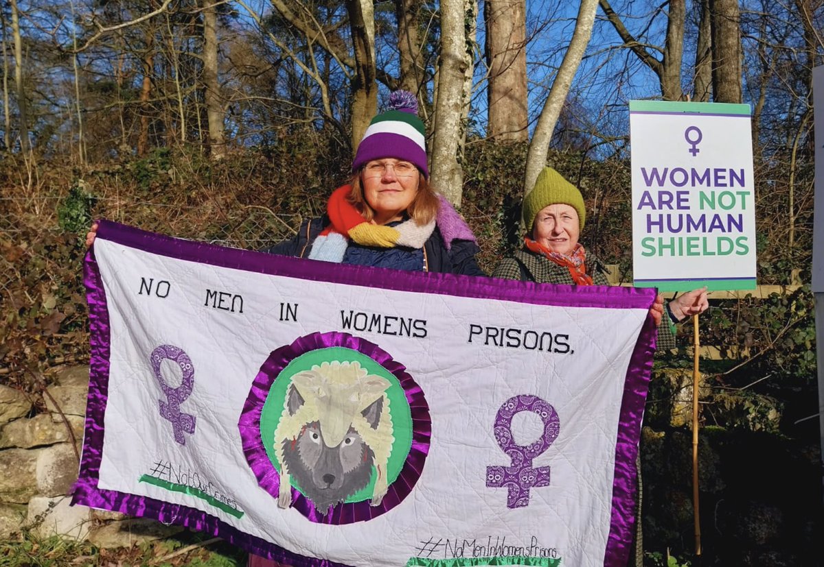 Beautiful handmade banner outside East Sutton Park today #NoMenInWomensPrisons #KeepPrisonsSingleSe