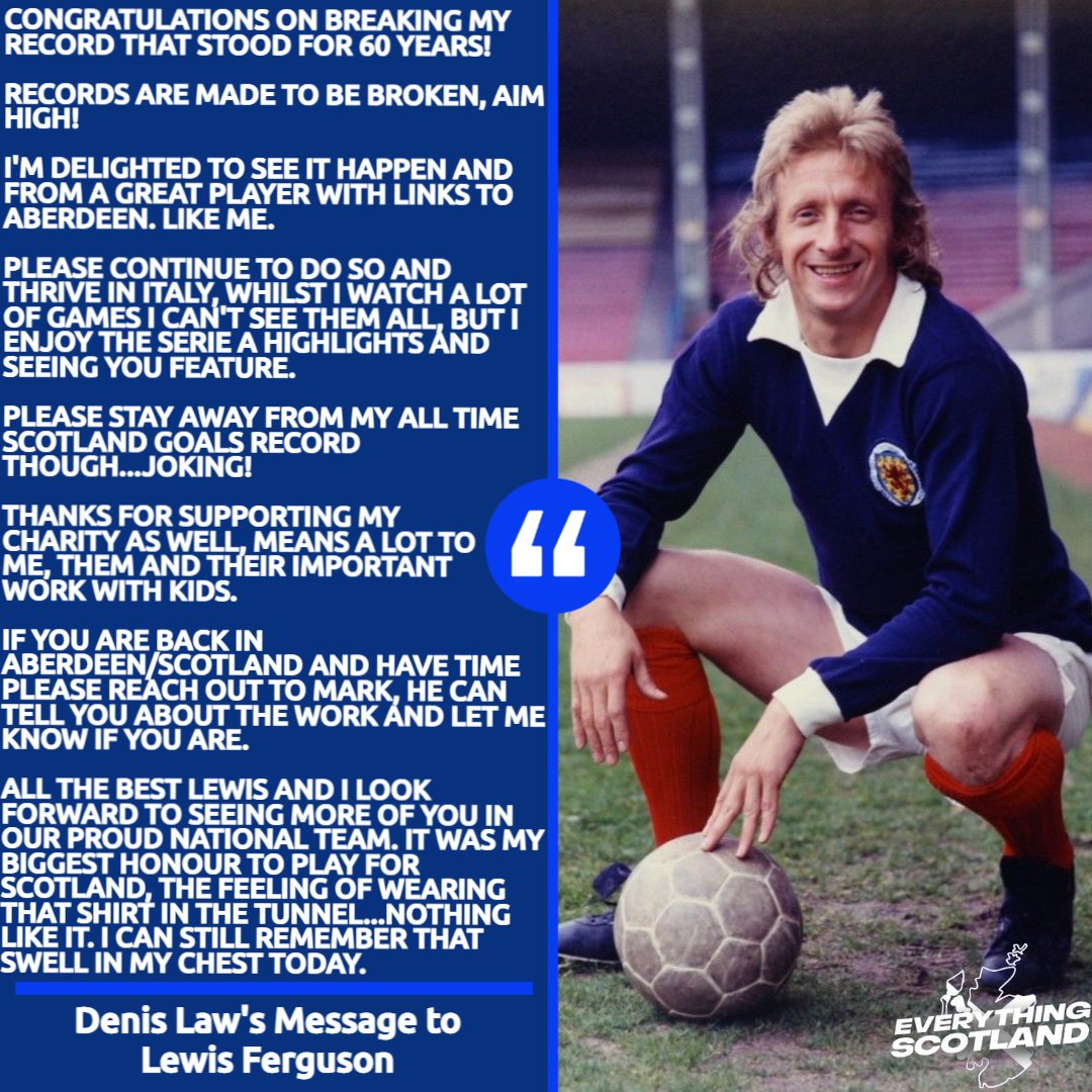 FP_Scotland's tweet photo. 𝐃𝐞𝐧𝐢𝐬 𝐋𝐚𝐰 💙| 𝗠𝗲𝘀𝘀𝗮𝗴𝗶𝗻𝗴 𝗙𝗲𝗿𝗴𝗶𝗲

After breaking his record for becoming the top scoring Scottish player in Italian football, Lewis Ferguson was given a special message by Denis Law congratulating the Bologna captain https://t.co/YFvqn6sCa3