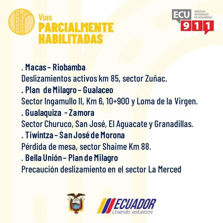ECU911Austro's tweet photo. 🛣️ En Morona Santiago la mayoría de las #VíasECU911 están parcialmente habilitadas.
❌ La vía Macas-Puyo está cerrada debido al desbordamiento del río #Upano en el paso provisional.
➡️Ruta alterna: Macas-Sucúa-Seipa-Sevilla Don Bosco-Puyo.
#ECU911BrindaSeguridadIntegral https://t.co/PIcuAJ5LU8