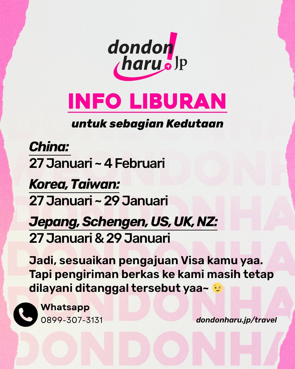 info liburan untuk kedutaan nih travelers~

tapi tim Dondon Haru gak libur yaa dan masih bisa konsultasi dan pengiriman berkas ke kita~ 😉

#dondonharutravel #dondonharu #dondonharujp