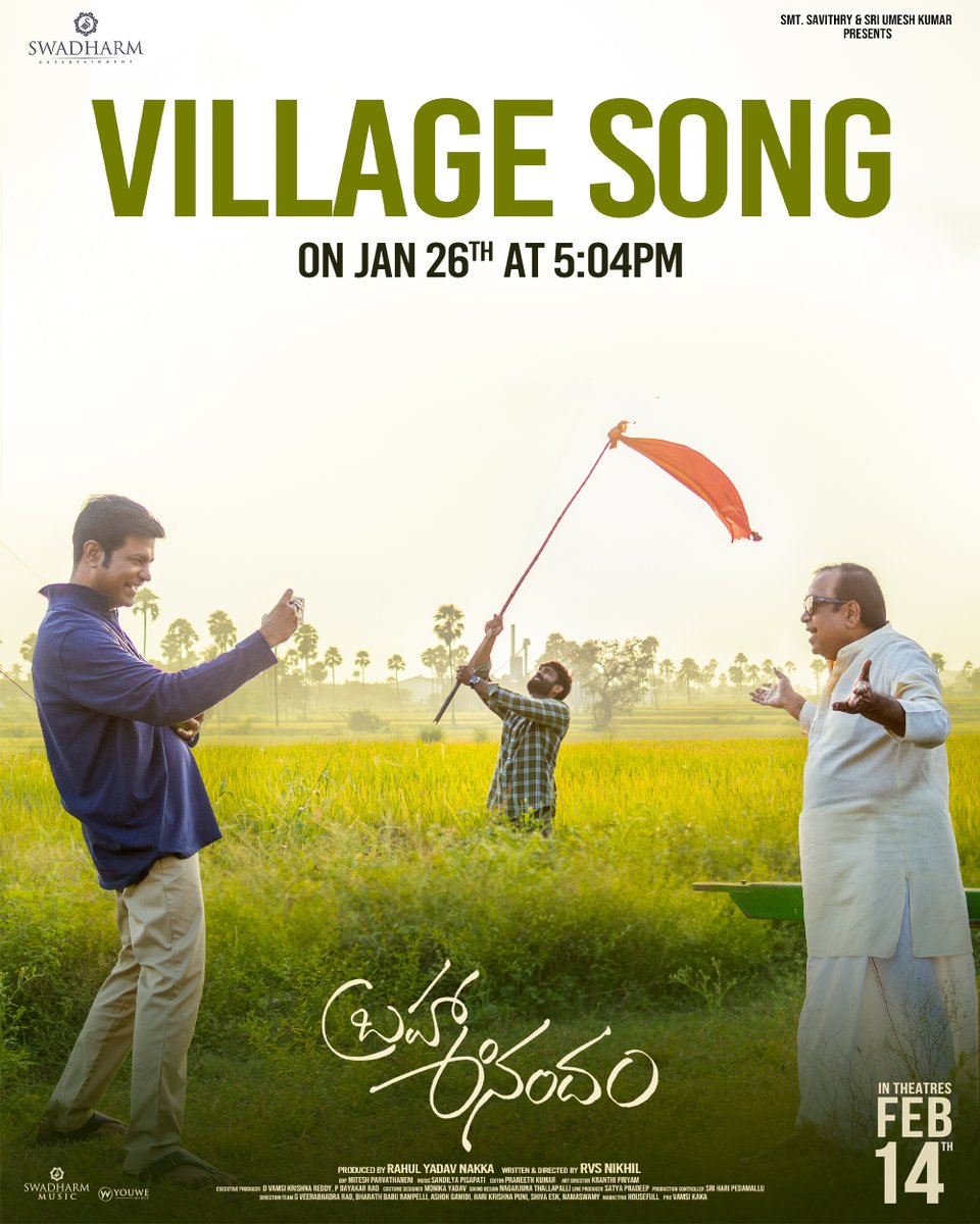 Swadharm_Ent's tweet photo. Fun, Energy and Village Grandpa Vibes! 😜😎

#VillageSong is ready to rock your playlists!! 😉

#BrahmaAnandam 2nd single drops on Jan 26th at 5:04 PM 🤩

Grand Release Worldwide on 14th FEB 🥳

#BrahmaAnandamOnFeb14

@RahulYadavNakka @Swadharm_Ent @rvs_nikhil25 #RajaGoutham 'Padma Shri' #Brahmanandam #VennelaKishore @priyavadlamani @SandilyaPisapa1 @aishwarryah @RajeevCo #SampathRaj #RaghuBabu @DivijaPrabhakar @editorpraneeth @PMitesh @kranthipriyam #MonikaYadav #NagarjunaThallapalli @vamsikaka @housefull_dgtl