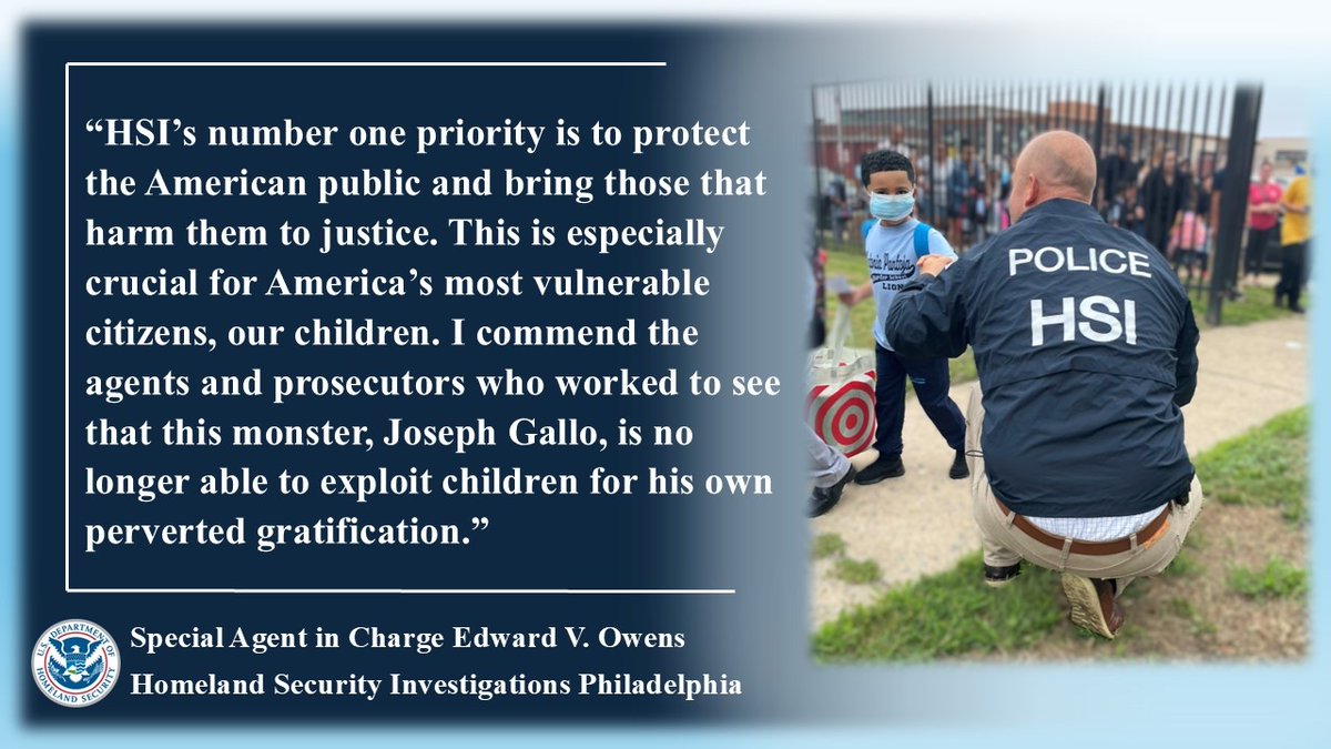 HSI Philadelphia (@hsiphiladelphia) on Twitter photo An <a href="/HSIPhiladelphia/">HSI Philadelphia</a> and <a href="/BucksDa/">Bucks County District Attorney's Office</a> investigation led to the conviction by <a href="/USAO_EDPA/">U.S. Attorney EDPA</a> and sentencing of Joseph Gallo, 80, for amassing more than 18k images depicting the sexual abuse and exploitation of children.
justice.gov/usao-edpa/pr/c… An <a href="/HSIPhiladelphia/">HSI Philadelphia</a> and <a href="/BucksDa/">Bucks County District Attorney's Office</a> investigation led to the conviction by <a href="/USAO_EDPA/">U.S. Attorney EDPA</a> and sentencing of Joseph Gallo, 80, for amassing more than 18k images depicting the sexual abuse and exploitation of children.
justice.gov/usao-edpa/pr/c…