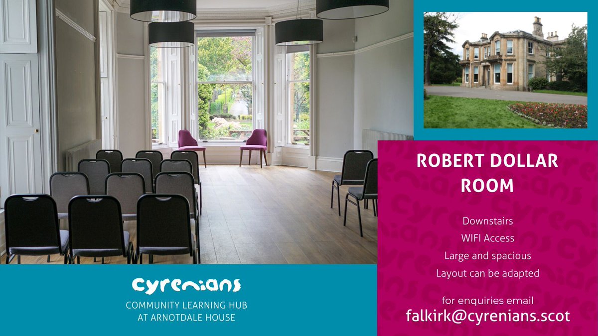 Cyrenians (@cyrenians1968) on Twitter photo Our Community Learning Hub at Arnotdale House in #Falkirk has a number of rooms available for hire for your next event!
If you would like to arrange viewings, make enquires about availability or costs please email falkirk@cyrenians.scot
Learn more: buff.ly/3ZpLyqi Our Community Learning Hub at Arnotdale House in #Falkirk has a number of rooms available for hire for your next event!
If you would like to arrange viewings, make enquires about availability or costs please email falkirk@cyrenians.scot
Learn more: buff.ly/3ZpLyqi