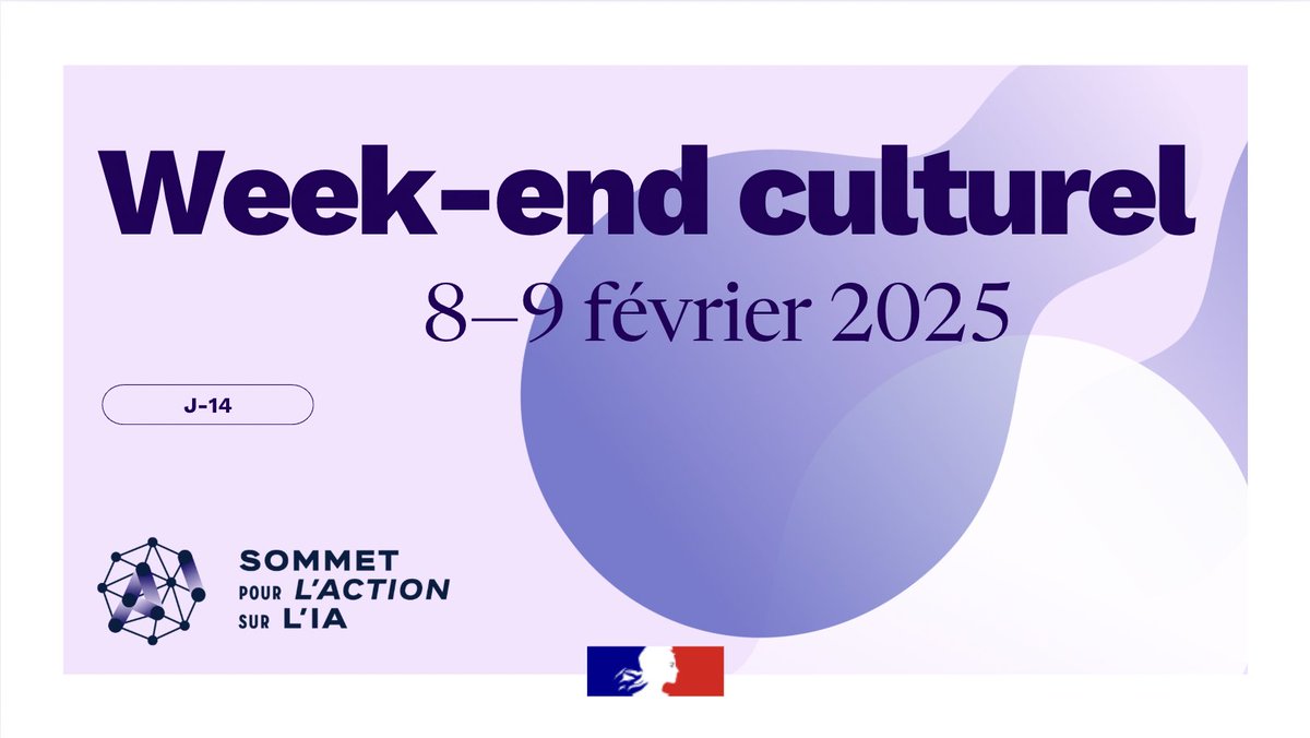 Ministère de la Culture 🇫🇷 (@ministerecc) on Twitter photo ⏱️J-14 avant le Week-end culturel à la <a href="/laBnF/">La Bibliothèque nationale de France</a> et à la <a href="/ConciergerieCMN/">La Conciergerie Paris</a>, les 8 et 9 février, dans le cadre du Sommet pour l’action sur l’intelligence artificielle.
📌 Billetterie : my.weezevent.com/le-week-end-cu…
#CultureIA #SemaineActionIA <a href="/francediplo/">France Diplomatie 🇫🇷🇪🇺</a> ⏱️J-14 avant le Week-end culturel à la <a href="/laBnF/">La Bibliothèque nationale de France</a> et à la <a href="/ConciergerieCMN/">La Conciergerie Paris</a>, les 8 et 9 février, dans le cadre du Sommet pour l’action sur l’intelligence artificielle.
📌 Billetterie : my.weezevent.com/le-week-end-cu…
#CultureIA #SemaineActionIA <a href="/francediplo/">France Diplomatie 🇫🇷🇪🇺</a>