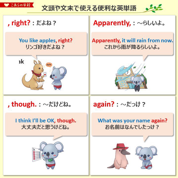 KoalaEnglish180's tweet photo. 日本語を話すとき「～だよね？」「～らしいよ」「～だけどね」「～だっけ？」みたいな言葉って毎日使うのに、英語だと何て言えばいいか分からなかったりするよね。こういう単語を使いこなせると、ちょっとしたニュアンスを簡単に表現できて超便利だよ！ネイティブもめちゃくちゃ使うから覚えておこう！ https://t.co/Ewf64FxSv7