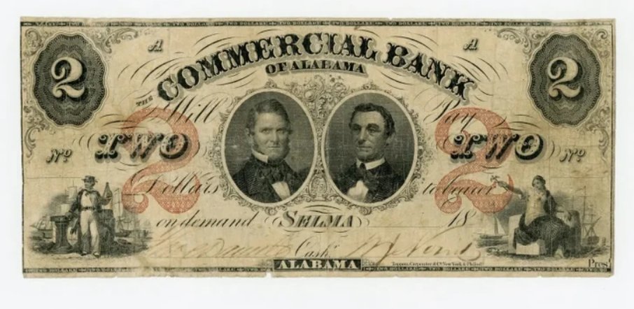 OpenSky_News's tweet photo. @Globalstats11 1800s 2 Dollar Alabama Bank Note https://t.co/19fqhOEa5A
