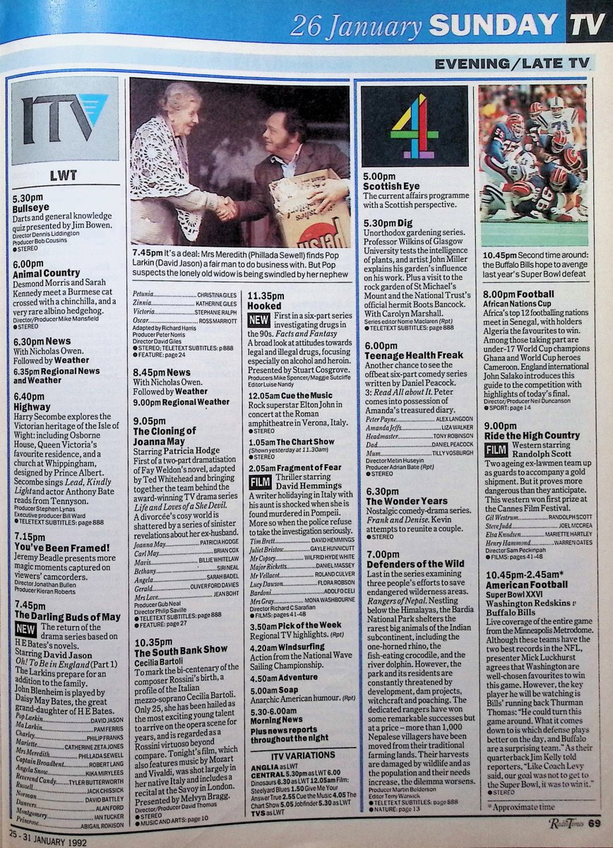 TvDidYouSee's tweet image. #OnThisDay 26 January 1992 📺TV Listings
#DavidJason returns in THE DARLING BUDS OF MAY.
#NigelHawthorne is the star of Screen Two: FLEA BITES.
#PatriciaHodge leads the cast of THE CLONING OF JOANNA MAY.
New episodes of LOVEJOY, &apos;ALLO &apos;ALLO and AS TIME GOES BY.