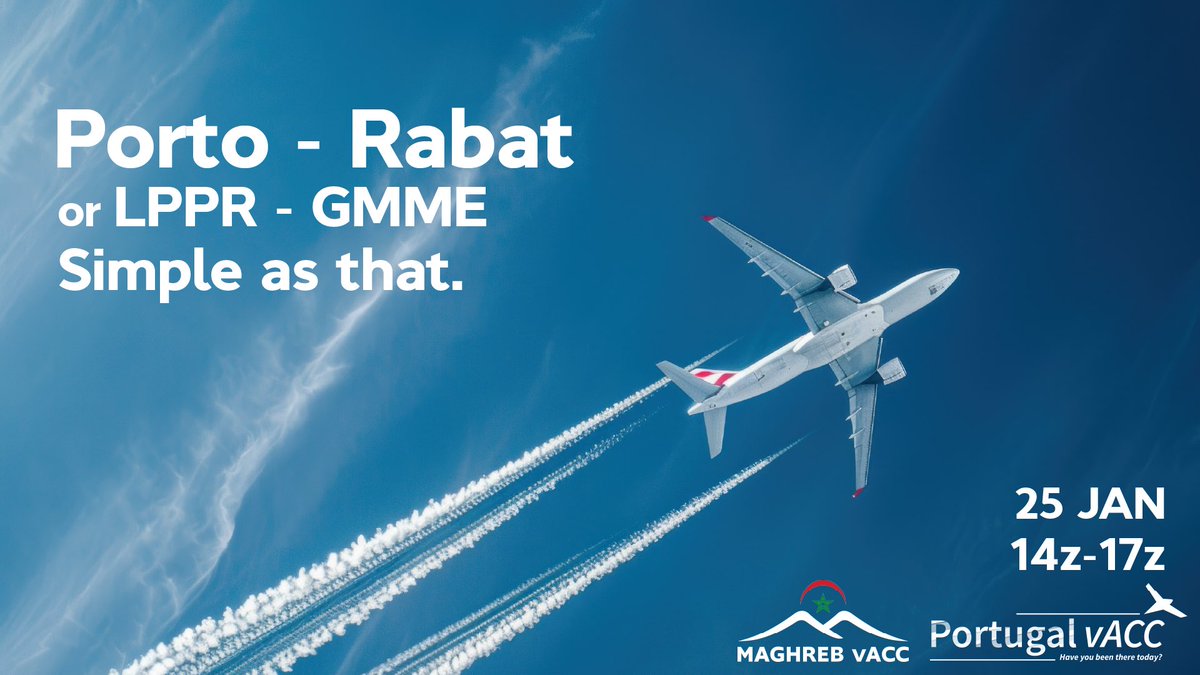 Salam #vatsim! 🙋‍♂️

Join us &amp; <a href="/VaccPortugal/">Portugal vACC</a> in 35min for a two-way shuttle between Rabat &amp; Porto!

Opposite runway operations in GMME are in effect 😏

💫 Maghreb vACC, Virtually Real 💫

#MaghrebvACC #vatsimevents #FlightSimulator #Morocco #Portugal