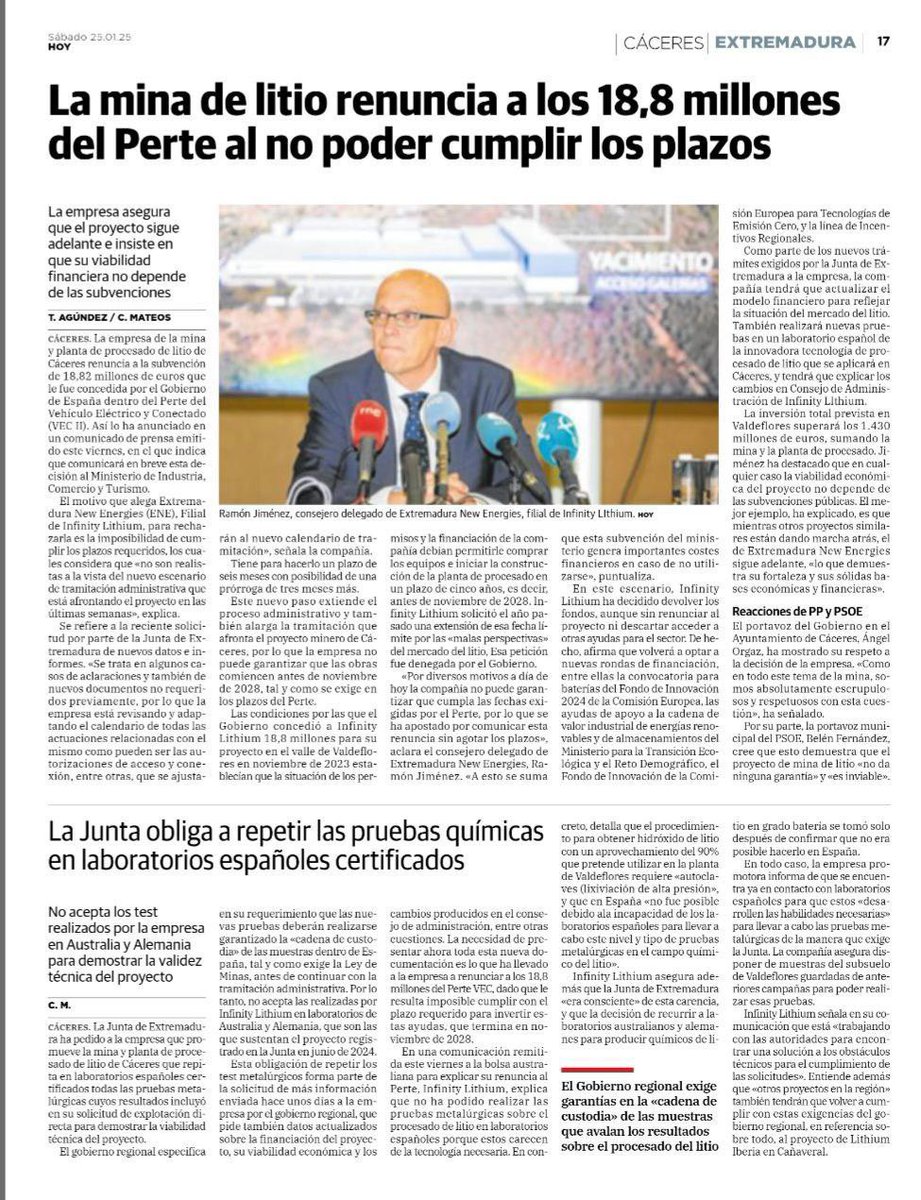 ‼️¡Y QUIÉN DEVUELVE LOS 3,74 MILLONES DE EUROS PRESTADOS!‼️

Infinity Lithium recibió estos millones en enero de 2024, como adelanto de la subvención de 18.8 millones de euros del PERTE. ¿Si ha renunciado los va a devolver?
 
<a href="/europapress/">Europa Press</a> <a href="/MGuardiolaM/">María Guardiola</a> <a href="/r_mateos/">Rafa Mateos</a>