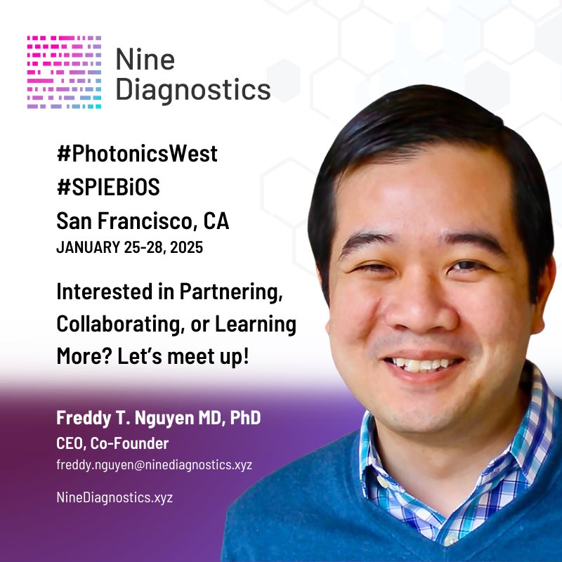 freddytn's tweet image. Heading back to #SanFrancisco! Looking forward to (re)connecting w/ friends + colleagues at #PhotonicsWest #SPIEBios! @PhotonicsWest @SPIEtweets
DM me to partner, collaborate, or learn more about @NineDiagnostics!
#precisionmedicine #diagnostics #nanotechnology #AI #medicine