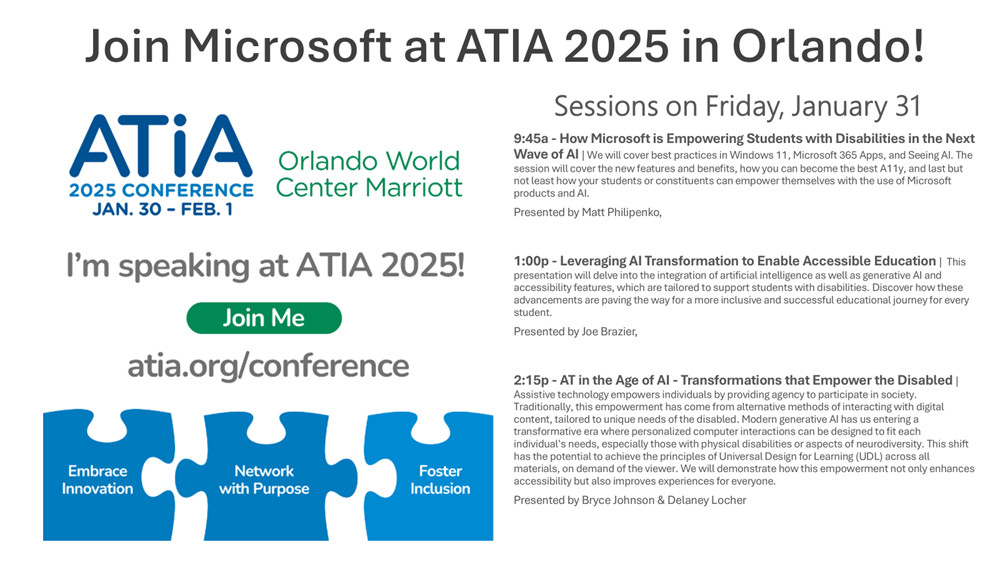 InclusiveJoeB's tweet image. @MicrosoftEDU is heading back to the Assistive Technology Industry Association (ATIA) Conference in Orlando. We have some great sessions on Friday around Empowering Students with AI, Leveraging the #AI Transformation, and #AT in the Age of AI.
#SpEdChat | #AIinEducation | #A11y