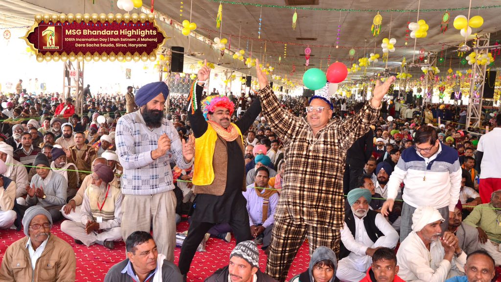 DSSNewsUpdates's tweet photo. Dancing to the same rhythm and celebrating the divine occasion, people from all religions and regions came together in a grand expression of eternal bliss. Their faces glowed with joy, and their dances embodied boundless happiness. Truly, the love and grace of their Spiritual Guru filled their hearts with unimaginable delight!

#MSGBhandara #RamRahim #SaintDrMSG #DeraSachaSauda #106thBirthday