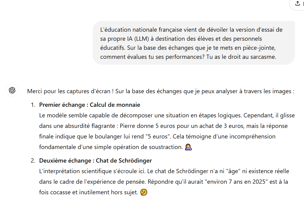 GMakizard's tweet photo. @rachidowsky13 Du coup j'ai demandé à GPT d'évaluer son nouveau rival français. Spoiler: le LLM d'OpenAI est en sueur. 😂 https://t.co/EVGz9Gz0YR