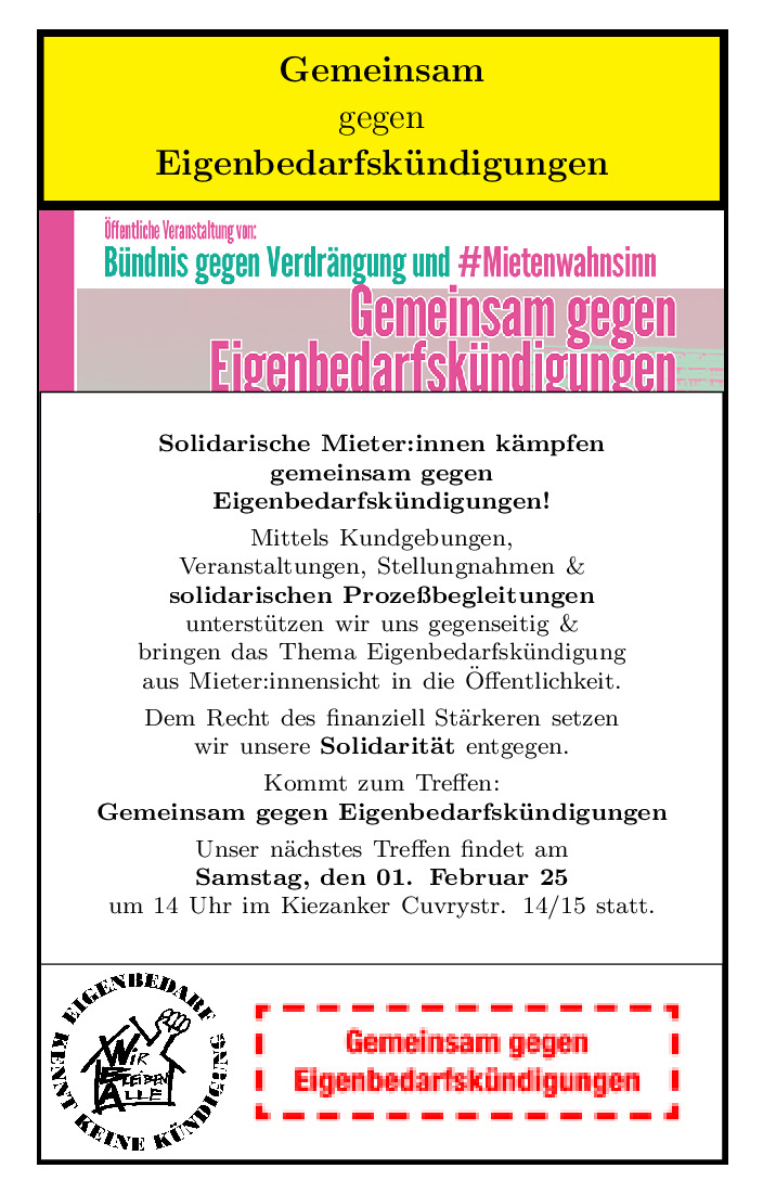 Das neue Jahr hat gleich mit  nem gewonnenen Prozess wg #Eigenbedarfskündigung begonnen. Einzelne gewonnene Prozess reichen uns nicht. Wir wollen eine grundsätzliche Änderung! Deshalb treffen sich betroffene &amp; solidarische Mieter:innen wieder am Samstag 1.2. 14 Uhr im Kiezanker36