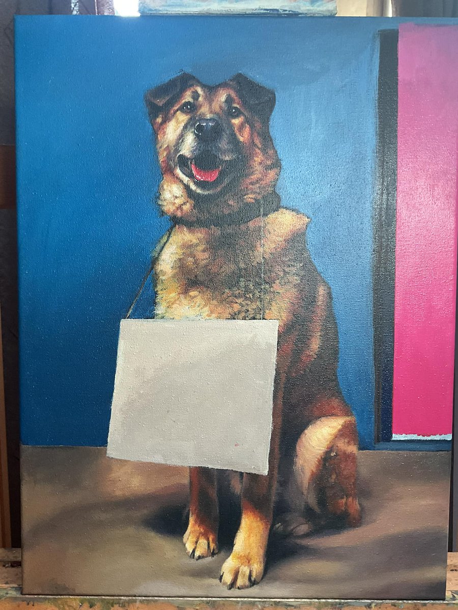 LadyWerewolf's tweet photo. The crane is causing no more havoc and is put down to r... DRY. And in the meantime I'm back to painting the doggo with a message ;) 

#wip #art #traditionalart #painting #oilpainting #acrylicpainting #petportraits https://t.co/2f9RDPSQvk
