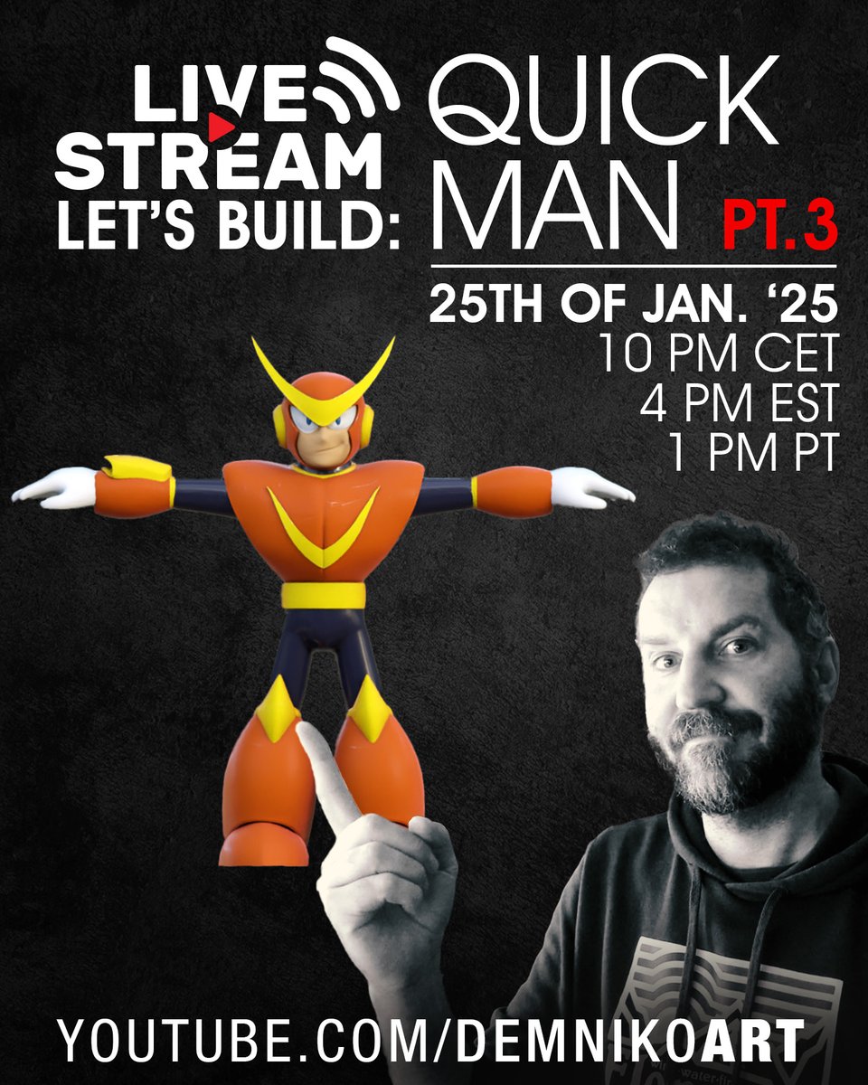 DemNikoArt's tweet image. Another Stream Part 3!
Still working on Quickman... but we're almost there.
Join me today at 10 pm CET on my YouTube and we'll have a chat about Blender and Mega Man... because that's what I do 🤓

#megaman #quickman #b3d #livestreaming